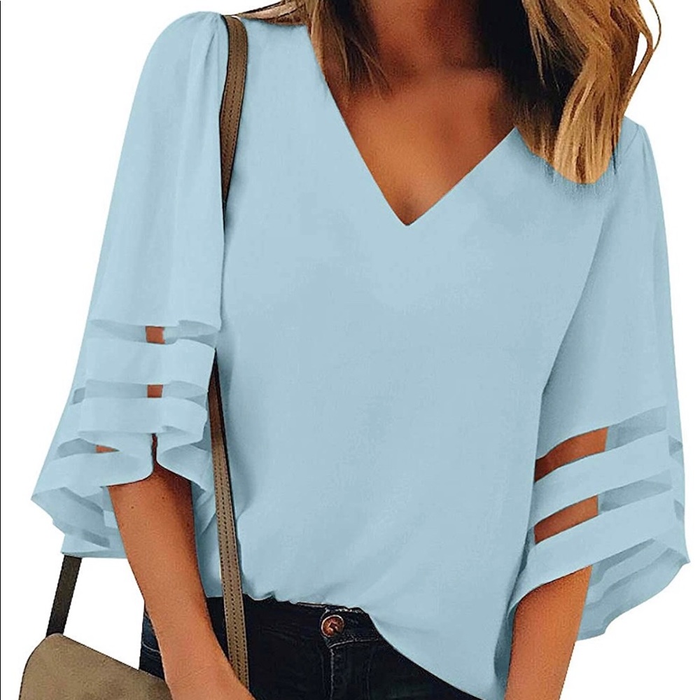 Light Blue Top Blouse V-Neck Top with Bell Sleeves